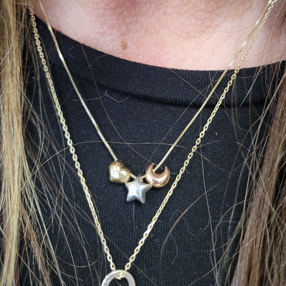 Tri-Tone Charm Necklace with Heart, Moon, and Star - Picture 4 of 5